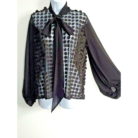 Nha Bhanh Sheer Small Button Down Black Shirt Circles w/Gold Trim Pussy Bow - Picture 1 of 10